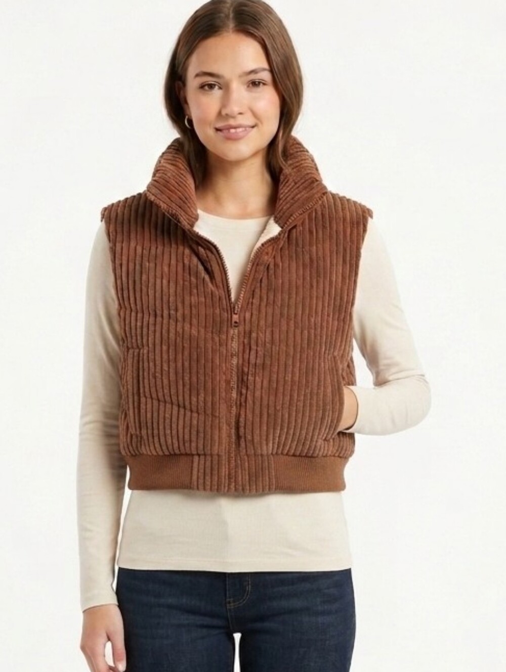 Ci Sono Brown Corduroy Zip-Front Vest